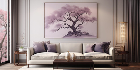Modern Drawing Room, Comfortable Seating in Home Drawing Room, Closeup of a soothing purplish-toned Modern Drawing Room Interior