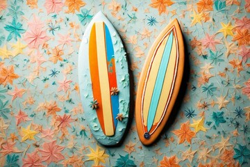 Top view of a Surfboard-shaped cake against different backgrounds. 