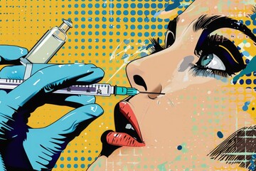A woman wearing blue gloves holds a syringe in her hand, Pop-art style image of a vaccination...