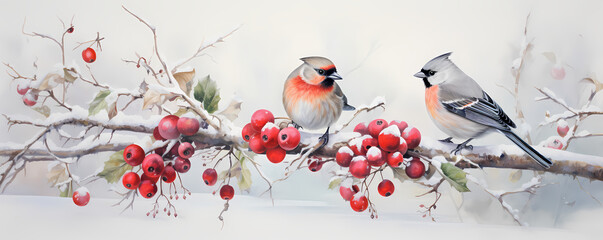 Illustration of bird sitting on branch with red berries in snow. Whistler, waxwing on a ashberry, hawthorn berries, rowan tree branch in cold frost. Wintering of non-migratory birds concept. - obrazy, fototapety, plakaty