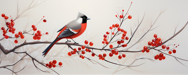 Illustration of bird sitting on branch with red berries in snow. Whistler, waxwing on a ashberry, hawthorn berries, rowan tree branch in cold frost. Life of wild birds in winter concept. - obrazy, fototapety, plakaty