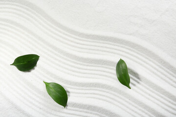 Zen rock garden. Wave pattern and green leaves on white sand, top view