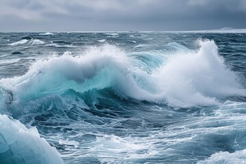 Obraz premium A powerful and enormous wave crashes forcefully into the ocean, creating a spectacular display on a cloudy day, Powerful waves in the arctic sea with iceberg pieces, AI Generated