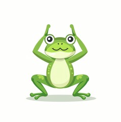 A Cute Green Frog Engaged in Yoga Stretches Against a White Background