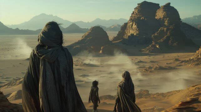 alien world background movie Dune exo planet men in black in desert epic scene by Midjourney 6