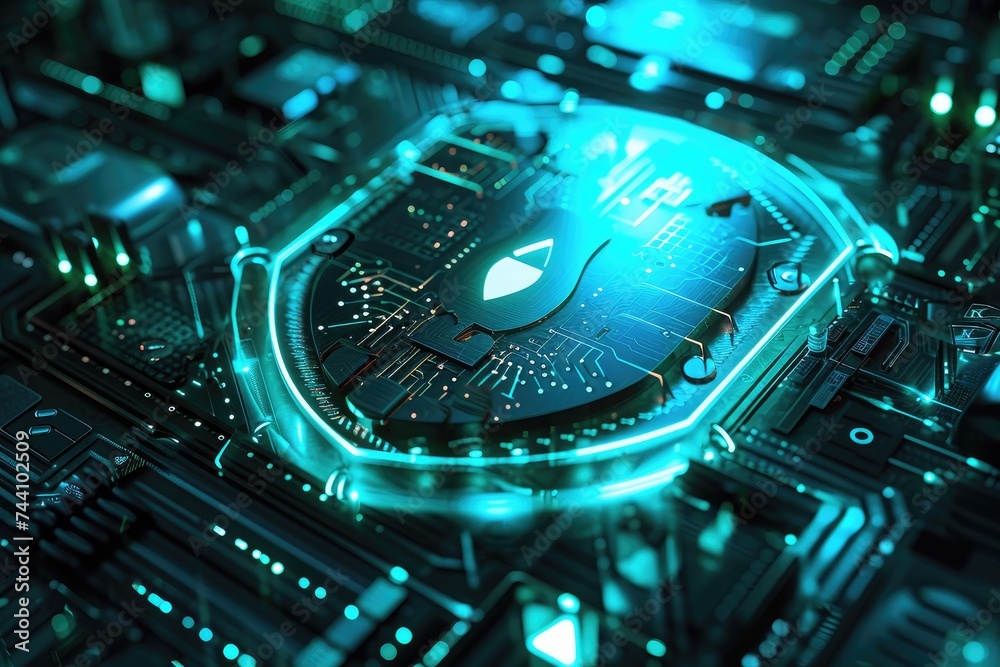 Poster close up of clock on top of computer chip, protective shield deflecting cyber threats in a computer 