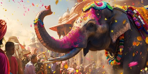 Elephant adorned in bright colors partakes in traditional Indian festival celebration. Concept Indian Culture, Festive Traditions, Elephant Celebration, Bright Colors, Traditional Attire