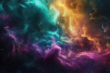Fototapeta na wymiar An image of a space filled with vibrant colors, stars, and clouds, Psychedelic hues forming a galaxy cloud nebula, AI Generated