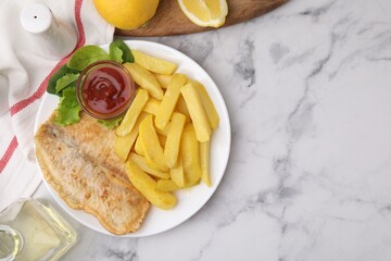 Delicious fish and chips with different products on light marble table, flat lay. Space for text
