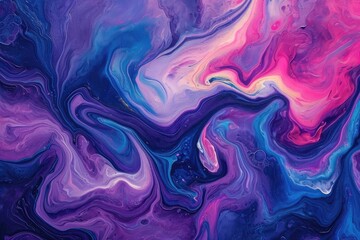 Obraz premium An abstract painting showcasing vibrant purple and blue shades in intricate patterns and brushstrokes, Psychedelic swirls of radiant purples, blues, and pinks, AI Generated