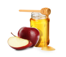 Honey in glass jar, apples and dipper isolated on white