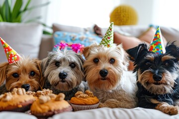 Several dogs of different breeds and sizes sitting together on the cushions of a couch, Puppy party for a dog's birthday celebration, AI Generated