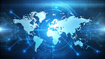 Technology style world map, background. 