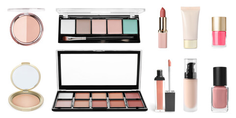 Decorative cosmetics isolated on white, collection. Makeup products