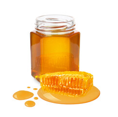 Natural honey in jar and piece of honeycomb on white background