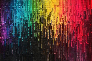 A vibrant multicolored background featuring an array of colorful lines and dots creating an energetic and dynamic composition, Rainbow colored binary code art, AI Generated