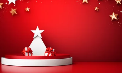 Keuken foto achterwand Festive Christmas background with a white star, gifts, and golden stars on a red backdrop. © BackVision Studio