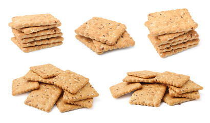 Delicious crackers with flax and sesame seeds isolated on white, set