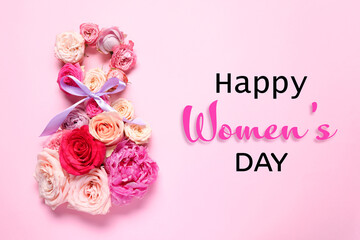 8 March - Happy International Women's Day. Greeting card design with different flowers on pink background, top view