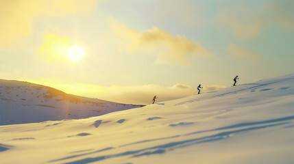 Skiing Adventure, sunset Glow on Snowy Mountain Landscape