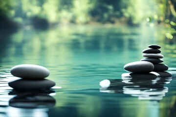 Zen Stones Balancing in Tranquil Water , background is blurr , 8k. 