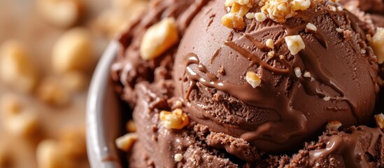 A close-up photo showcasing a delicious scoop of chocolate ice cream adorned with a generous topping of crunchy nuts. - obrazy, fototapety, plakaty