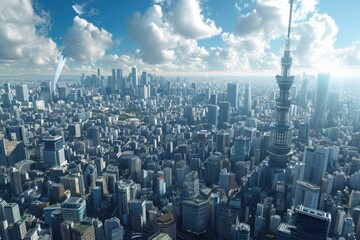 This aerial photo captures the impressive skyline of downtown Manhattan, showcasing the towering buildings and bustling cityscape, Reimagining of a futuristic Tokyo skyline, AI Generated - obrazy, fototapety, plakaty