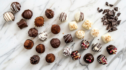 Assorted Delicious Chocolate Bonbons Arrangement on White Marble Surface