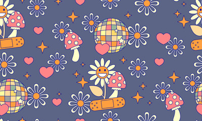 Seamless pattern with Retro 70s 60s Hippie Groovy Flower, mushroom, heart, Medical patch. Grow positive thoughts Good vibes. Boho Summer Flower Power Flower Child surface design