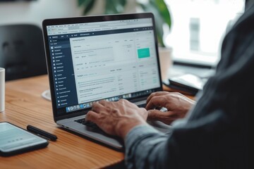 A man seated at a desk is focused on his laptop computer as he engages in work-related tasks, Representing response rate increase through A/B testing, AI Generated