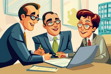 Three men are diligently working together on a laptop at a table, Cartoon version of a tax consultant advising clients, AI Generated - obrazy, fototapety, plakaty