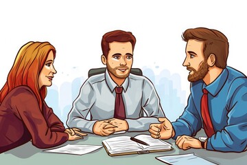 A diverse group of individuals engaged in conversation and discussion while sitting together at a table, Cartoon version of a tax consultant advising clients, AI Generated - obrazy, fototapety, plakaty