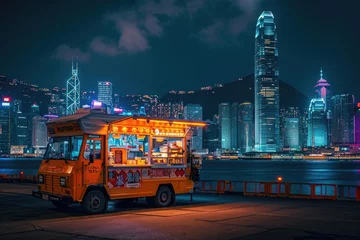 Foto op Canvas An orange food truck is parked in front of a city skyline, serving delicious meals to customers, Retro-inspired food truck in front of a nighttime city skyline, AI Generated © Iftikhar alam
