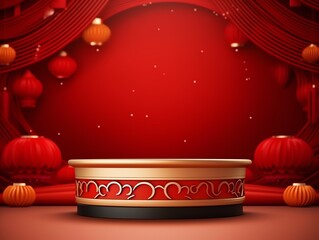 Empty stage with traditional Chinese decorations, red lanterns, and pumpkins on a red background.