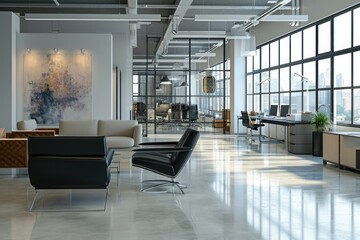 This photo captures a spacious room filled with numerous windows and a variety of furniture, Casual Friday in a modern office setting, AI Generated - obrazy, fototapety, plakaty