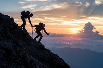 Two individuals ascend a mountain by climbing up its steep side, Rewarding journey of two hikers, one helping the other reach the mountain top, AI Generated