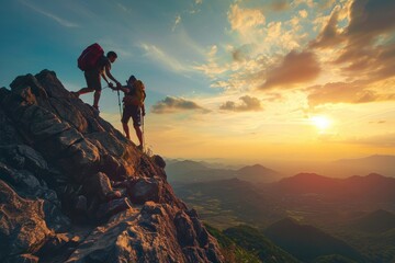 Two individuals are seen ascending the rugged side of a mountain, demonstrating strength and determination, Rewarding journey of two hikers, one helping the other reach the mountain top, AI Generated