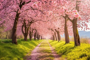 Obraz premium A dirt road cuts through a lush forest, encompassed by tall trees adorned with vibrant pink flowers, Cherry blossom trees at full bloom in springtime, AI Generated