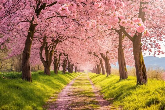 A dirt road cuts through a lush forest, encompassed by tall trees adorned with vibrant pink flowers, Cherry blossom trees at full bloom in springtime, AI Generated
