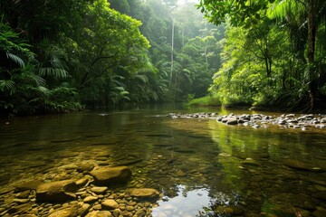 A winding river gracefully flows through a rich and vibrant forest, surrounded by lush greenery, River at the heart of a pristine rainforest, AI Generated