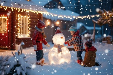 A group of children joyfully build a snowman in the snowy landscape, Children making a snowman in a brightly lit Christmas yard, AI Generated