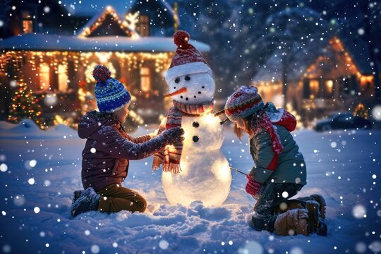 Three young children actively engaged in building a snowman in a snowy landscape, Children making a snowman in a brightly lit Christmas yard, AI Generated