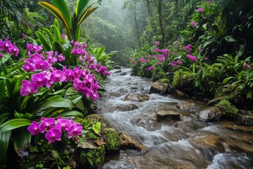 A clear stream can be seen meandering through a lush green forest, surrounded by tall trees and vibrant vegetation, River bordered by orchids in a rich rainforest, AI Generated