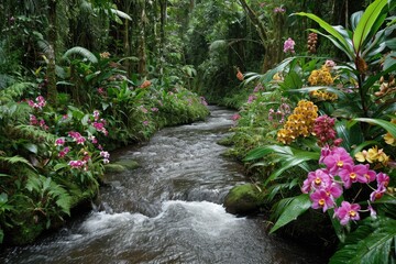 A crystal-clear stream winds its way through a vibrant and lush green forest filled with dense foliage and towering trees, River bordered by orchids in a rich rainforest, AI Generated