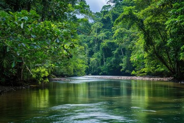A river gracefully meanders through a lush green forest, creating a serene scene of tranquility, River shaded by the paranomic vista of a rainforest, AI Generated