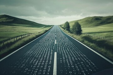 A long and straight road with numerous painted numbers on its surface, showcasing the residential address markings, Road disappearing into the horizon made of binary code, AI Generated