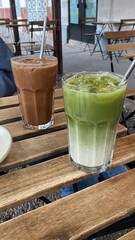Glasses with matcha and coffee