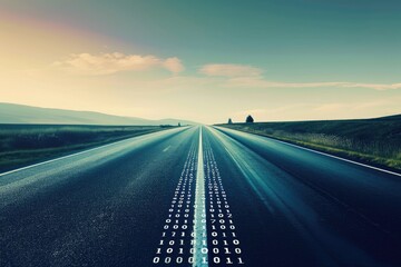 A photo of a road featuring a series of consecutive numbers painted on the side of the asphalt lane, Road disappearing into the horizon made of binary code, AI Generated - obrazy, fototapety, plakaty