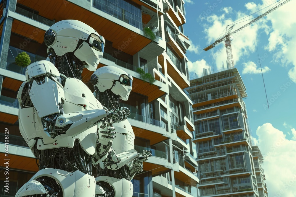 Poster a photo showing two robots standing side by side in front of a towering building, robots engaged in 