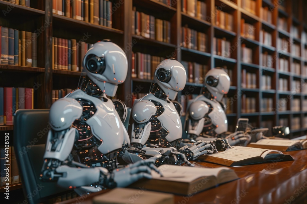 Poster a lineup of robots, each with distinct features, neatly arranged on a wooden desk, robots in a futur